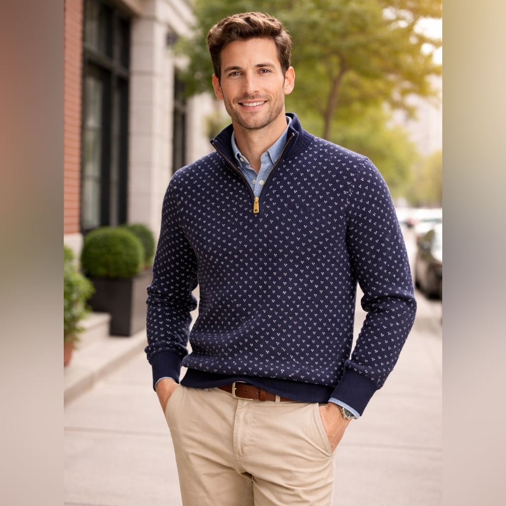 Vineyard Vines Navy Micro-Pattern Half-Zip Sweater - image 1